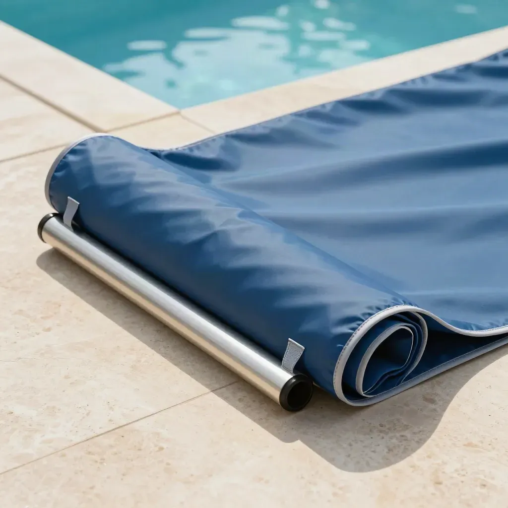 Telo isotermico blu piegato a onde con cinghie e rullo guida su bordo piscina in travertino.