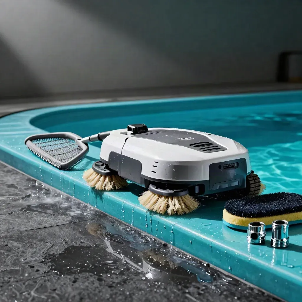 Robot, spazzola e retino accanto al bordo piscina turchese, luce drammatica e spruzzi.